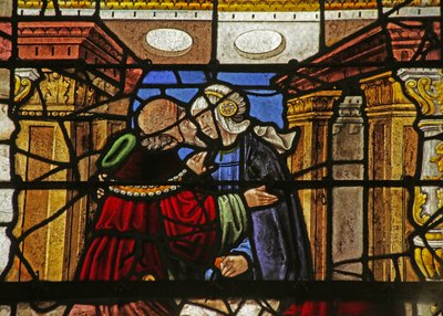 Vitrail représentant des parties de vitraux : la flagellation, la rencontre à la Porte Dorée - French School